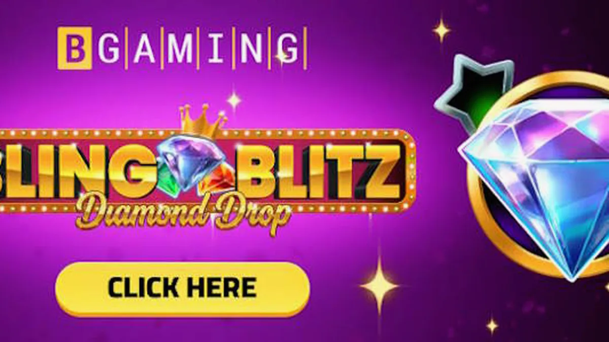Tampilan visual slot Bling Blitz Diamond Drop dengan latar belakang gelap dan simbol berlian yang bersinar.