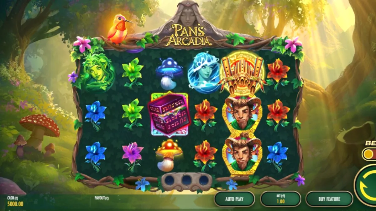 Pemandangan hutan mistis dalam permainan slot Pan's Arcadia